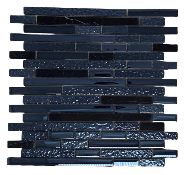 Premium Quality Nero Marquina Polished Black Glass Mixed Mosaic Random Pattern Tile for Backsplash and Bathroom Wall Designed in Italy (12x12) By Vogue tile