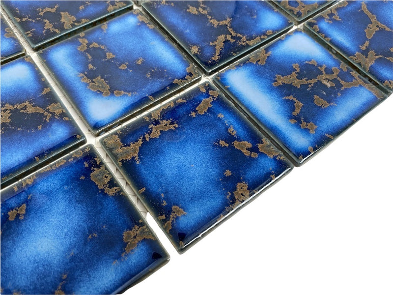 Premium Quality 3x3 Calacatta Blue Square Pattern Porcelain Mosaic Tile on Mesh on 12x12 sheet, Designed in Italy