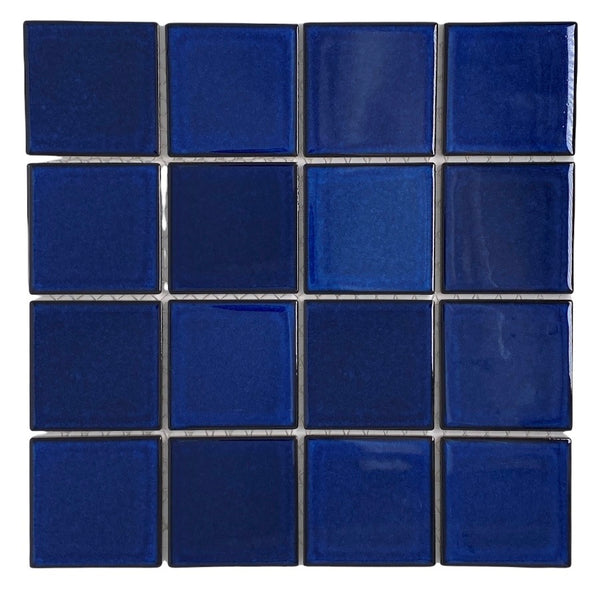 Premium Quality 3" x 3" Cobalt Blue Square Pattern Porcelain Mosaic Tile on Mesh on 12x12 sheet, Designed in Italy