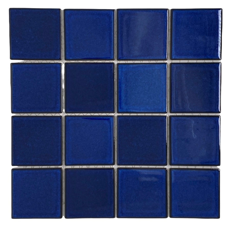 Premium Quality 3" x 3" Cobalt Blue Square Pattern Porcelain Mosaic Tile on Mesh on 12x12 sheet, Designed in Italy