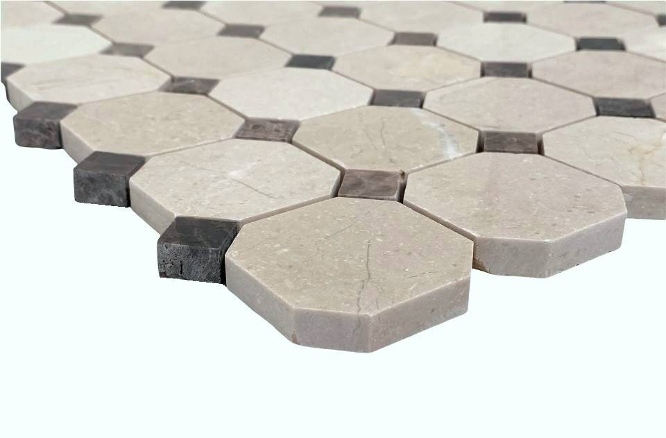 Crema Marfil 2 Inch Octagon Pattern with Dark Emperador Dots Marble Tile Mosaics for Floor and Wall, Bathroom and Kitchen Walls Kitchen Backsplashes - 5 Sheet Pack Set - 5 Sqft