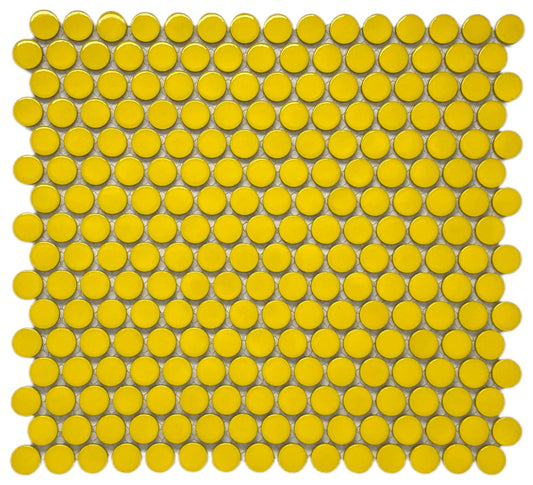 Yellow Penny Round Porcelain Mosaic Floor Wall Tile Backsplash for Bathroom Shower, Kitchen, Accent Décor, Fireplace,  on 12x12 Mesh for Easy Installation