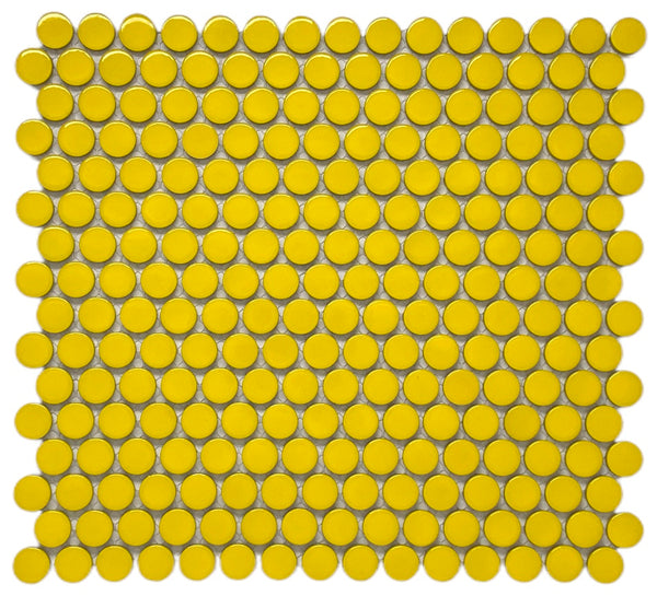Yellow Penny Round Porcelain Mosaic (Box of 10 Sqft) for Floor and Wall Tile, Backsplash Tile, Bathroom Tile on 12x12 Mesh for Easy Installation