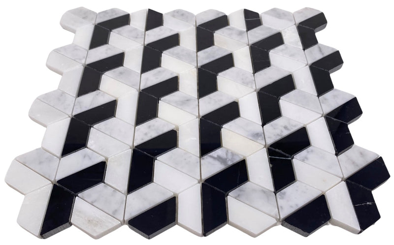 Carrara with Thassos and Nero Marquina 3D Honeycomb Marble Mosaic Floor and Wall Tile for Kitchen Backsplash , Accent Wall, Pool Tile, Fireplace