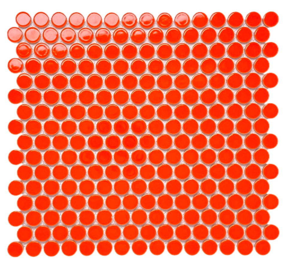 Penny Round Orange Porcelain Mosaic Floor and Wall Tile, Mesh-Mounted