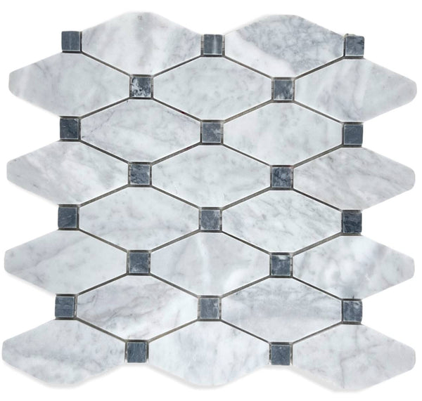 Carrara Marble Long Octagon Rhomboid Chipped Diamond Mosaic Tile with Bluish and Gray Marble Dots for Kitchen Backsplash Bathroom Wall and Floor Tile for Kitchen Backsplash, Bathroom, Accent Walls