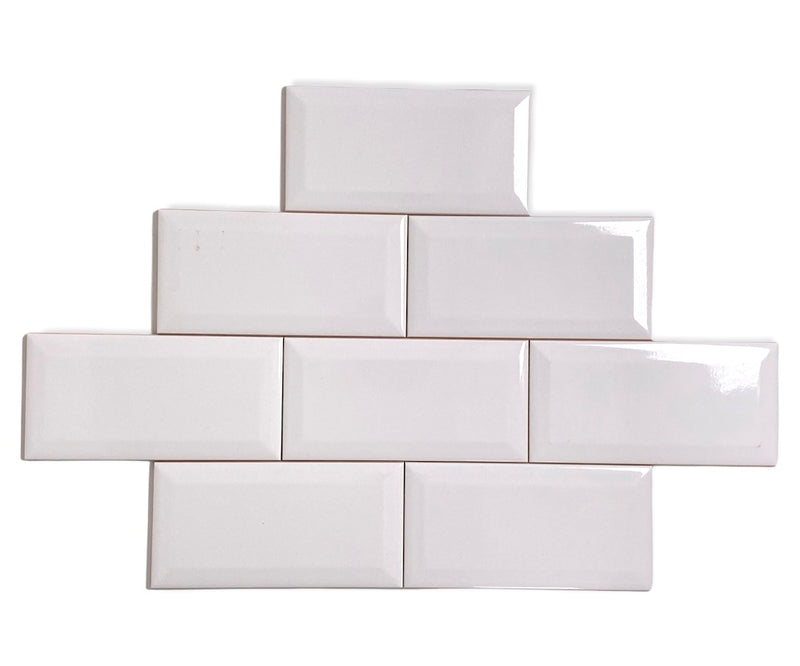 White Bright 3x6 Beveled Edge Ceramic Wall Tile for Backsplash Kitchen, Bathroom Shower by Vogue Tile Designed in Italy