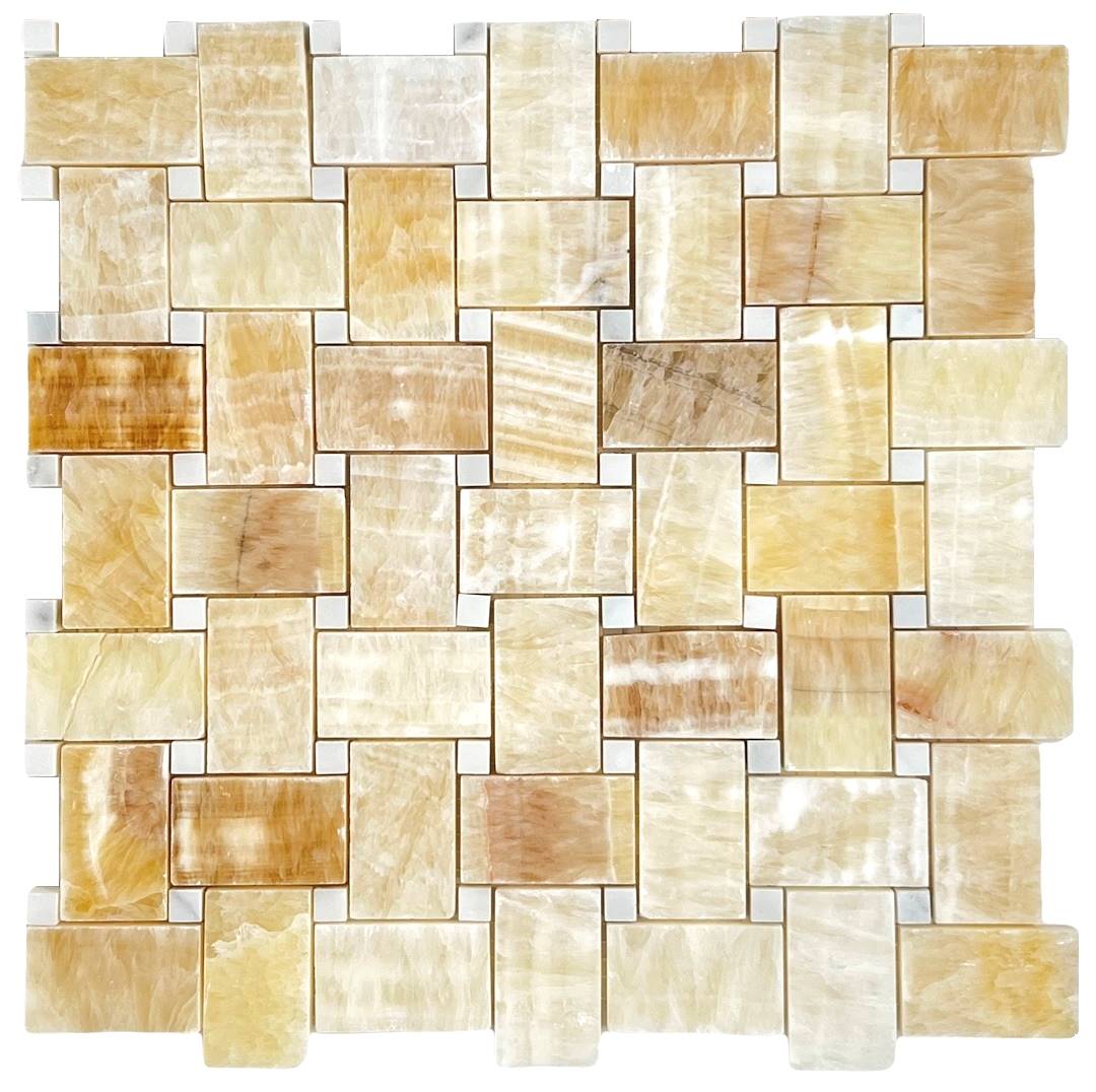 Honey Onyx with Thassos White Dots Marble Polished Premium Basketweave Mosaic Floor Wall ile