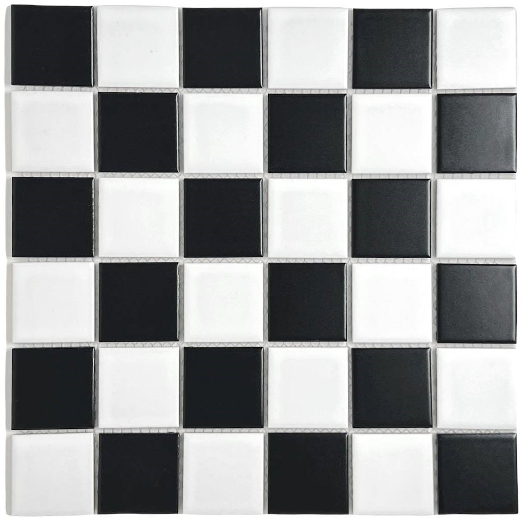 Tenedos Black & White Checkered Square 2 Inch Matte Porcelain Mosaic Tile