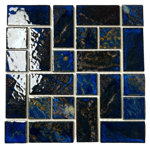 Storm Blue Random Square Wavy Porcelain Mosaic Floor Wall Tile for Kitchen Backsplash, Pool Tile, Bathroom Wall, Accent Wall