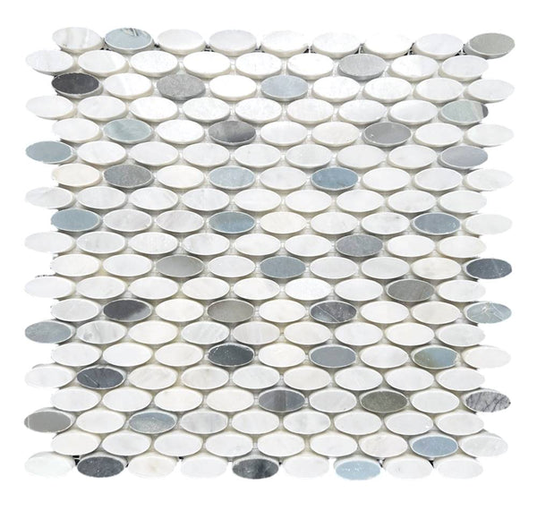 Ellipse Oval White Arabescato Marble with Bluish and Grey Mosaic Polished Tile for Floor and Wall, Bathroom, Backsplash, Accent Wall