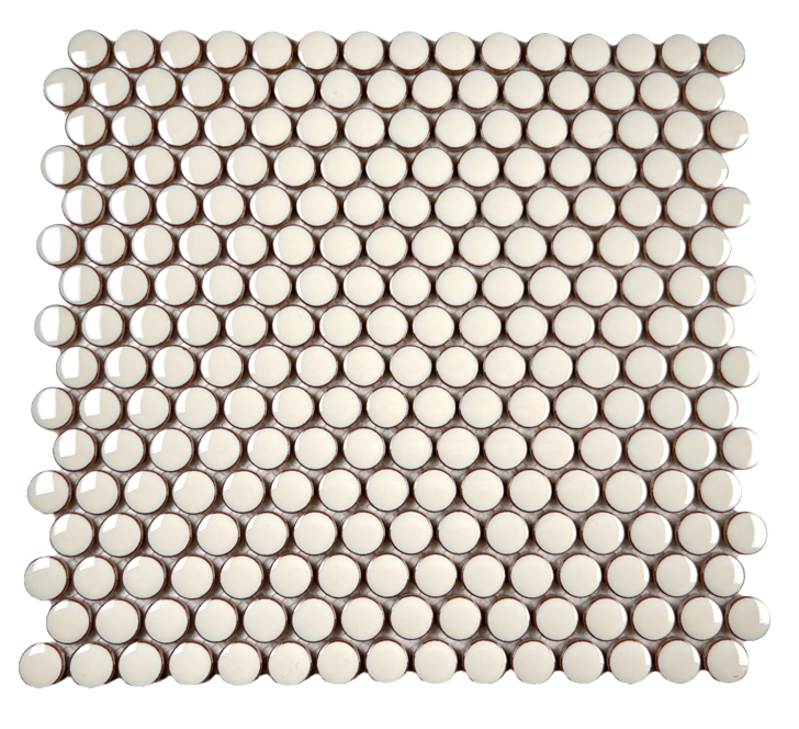 Tenedos Vanilla Latte Penny Round Glossy Porcelain Mosaic Floor and Wall, Mesh-Mounted