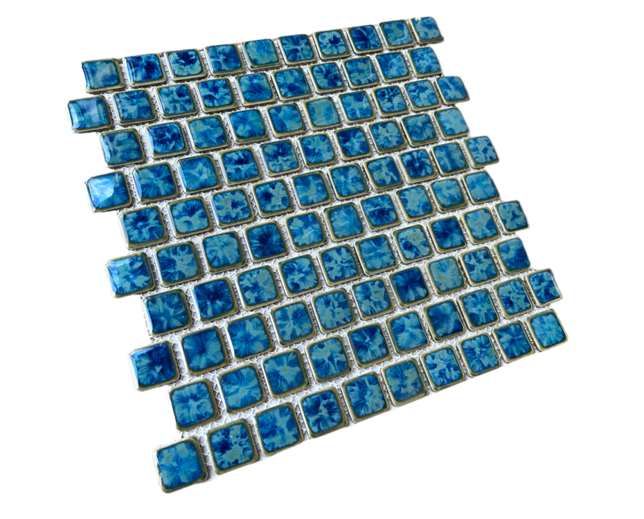 Tenedos Seawater Brick Pattern Blue Greenish and Gold 1x1 staggered Porcelain Pool Mosaic Floor and Wall Tile for Backsplash, Kitchen, Bathroom