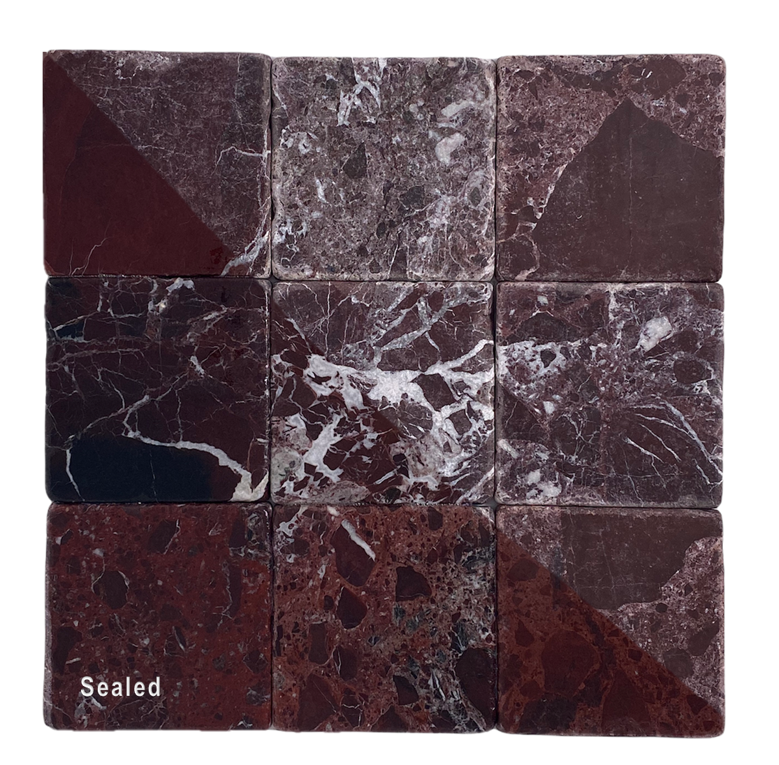 Rosso Levanto Burgundy Cherry Wine Color Rosa Marquina Marble 4x4 Inch Antique Tumbled Finish Floor Wall Tile for Fireplace Surround, Kitchen Backsplashes, Exterior Interior Tile, Coaster Handcraft