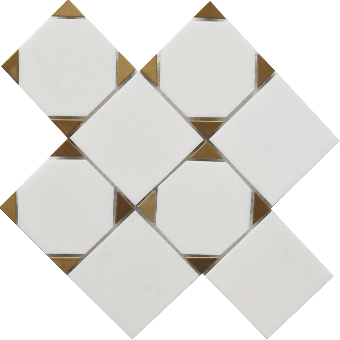 Cosmic White Marble Square with Gold Stainless Steel Decor 9x9 Mosaic Floor and Wall Tile for Backsplash, Kitchen, Bathroom, Accent Wall, Fireplace Surround