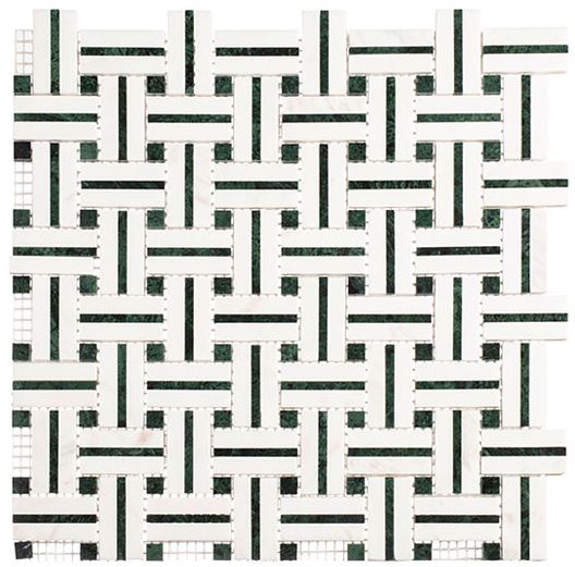 UTW-476 White Basket weave Marble with Dark Green Dots Polished Floor and Wall Tile for Kitchen Backsplash, Bathroom, Fireplace Surround, Accent Wall
