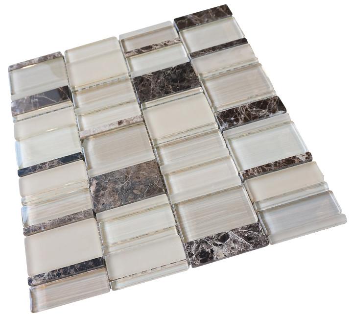 Glossy and Matte Off White with Dark Emperador Random Brick Rectangle Glass Mosaic Tiles for Bathroom and Kitchen Walls Kitchen Backsplashes - (Tenedos)