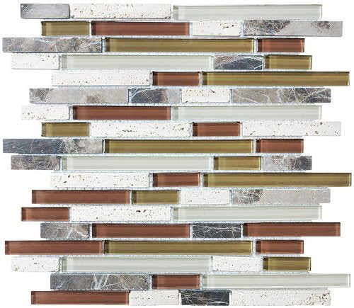 10 sq ft - Bliss Cabernet Stone and Glass Linear Mosaic Tiles - Kitchen Backsplash/Tub Surround
