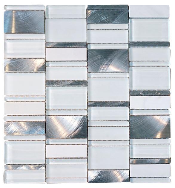 Glossy and Matte White With Aluminum Random Brick Rectangle Pattern Glass Mosaic Tiles