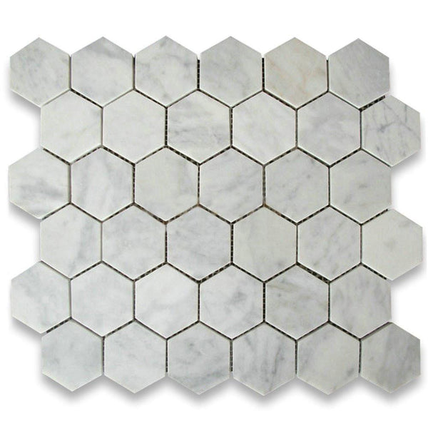 Carrara White Italian (Bianco Carrara) Marble 2" inch Hexagon Mosaic Tile (POLISHED) - Tenedos