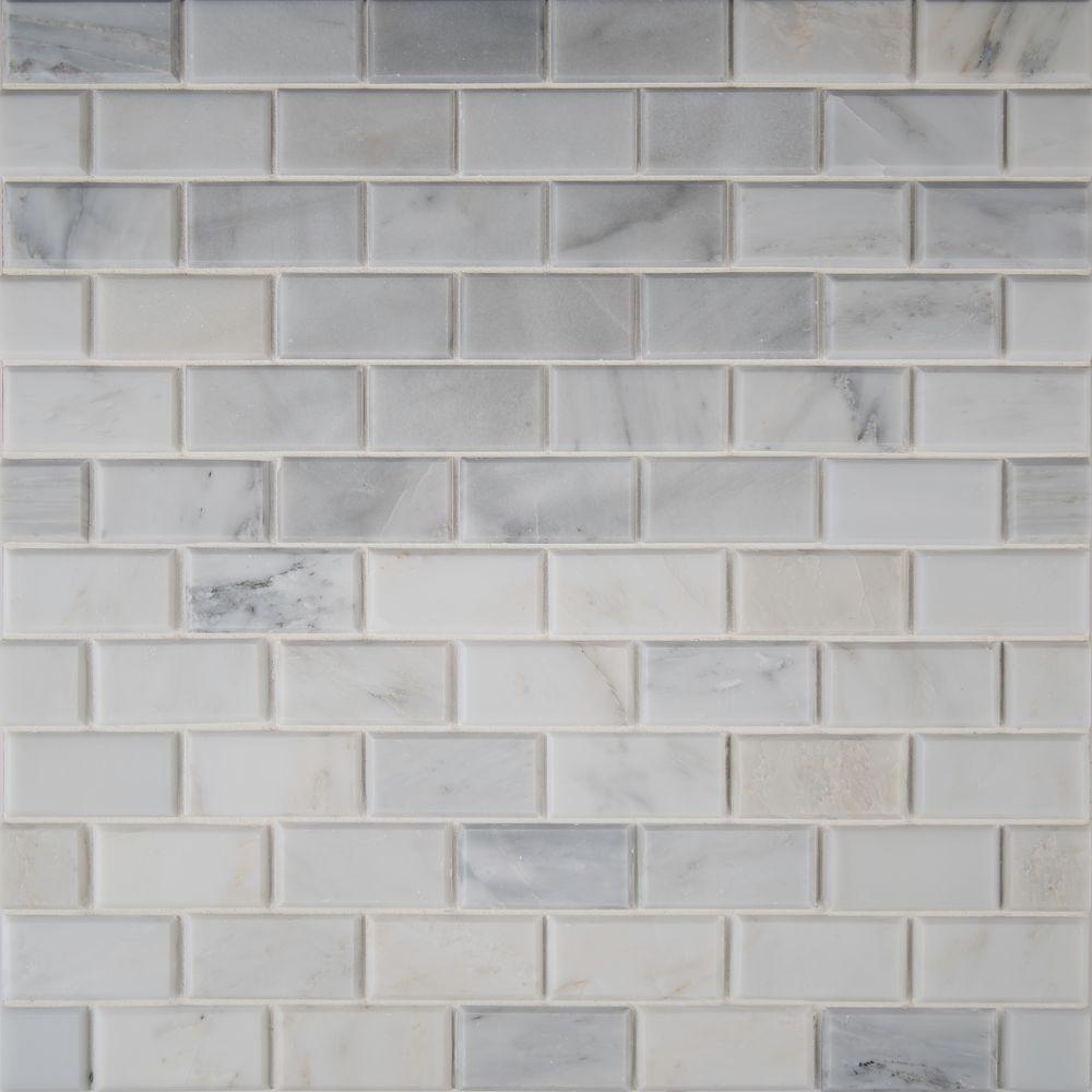 MS International Greecian White 2x4 Polished Beveled Marble Mesh-Mounted Mosaic Floor Wall Tile