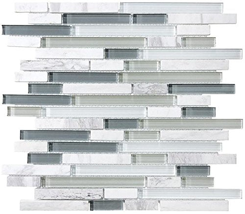 Bliss Iceland Marble and Glass Linear Mosaic Tiles for Kitchen Backsplash or Bathroom Walls (Box of 10 Sheets)