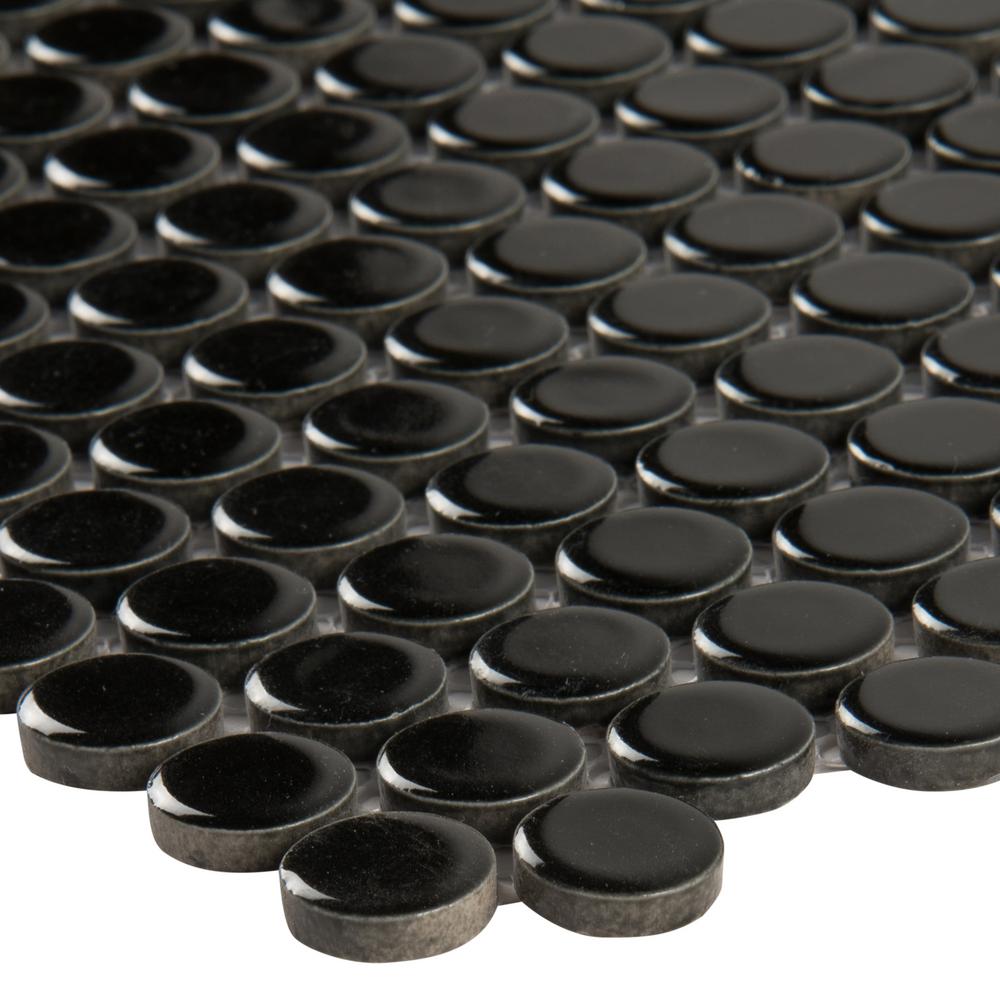MSI Black Glossy Penny Round 11.57 in. x 12.4 in. x 10mm Porcelain Mesh-Mounted Mosaic Floor Wall  Tile