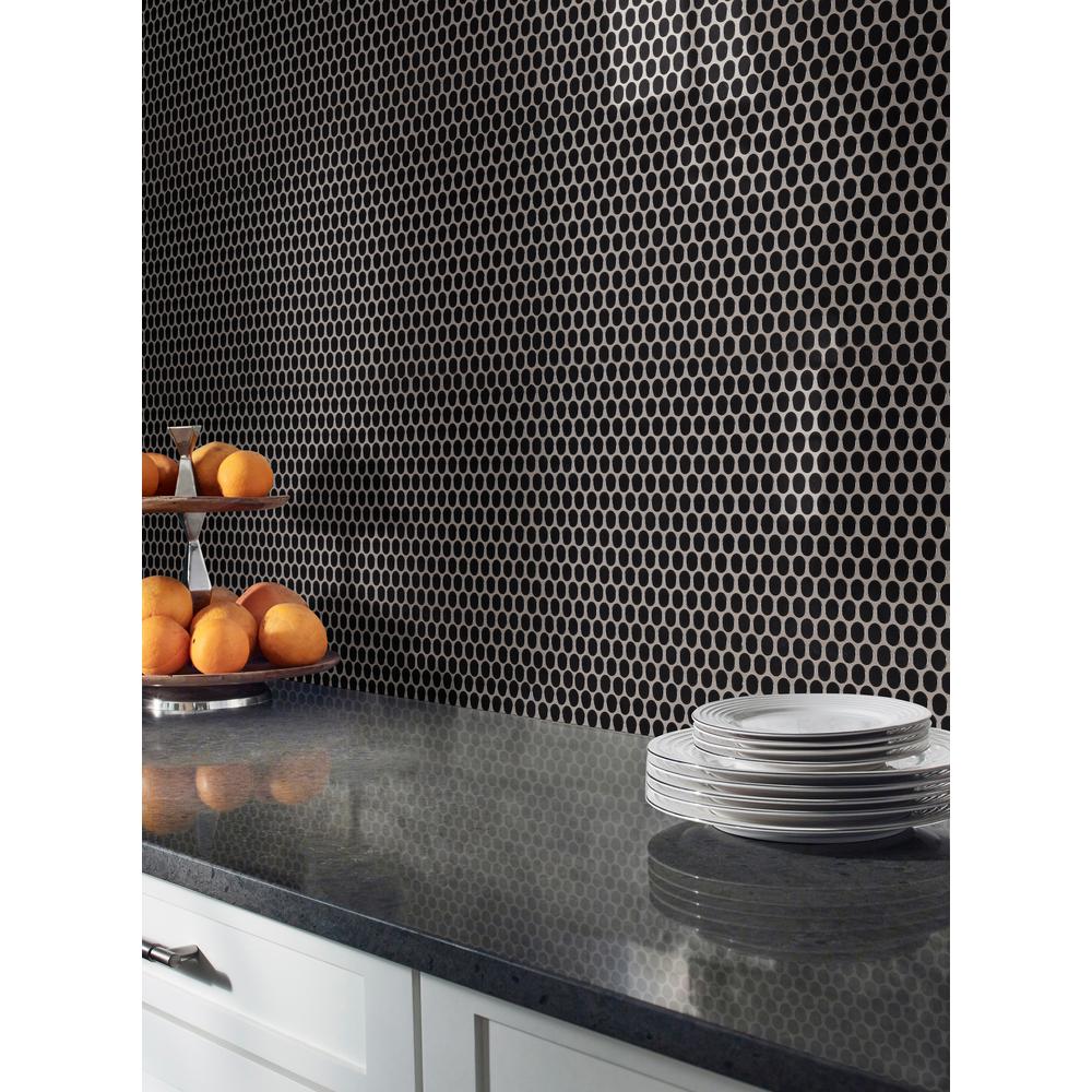 MSI Black Glossy Penny Round 11.57 in. x 12.4 in. x 10mm Porcelain Mesh-Mounted Mosaic Floor Wall  Tile