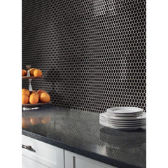 MSI Black Glossy Penny Round 11.57 in. x 12.4 in. x 10mm Porcelain Mesh-Mounted Mosaic Floor Wall  Tile