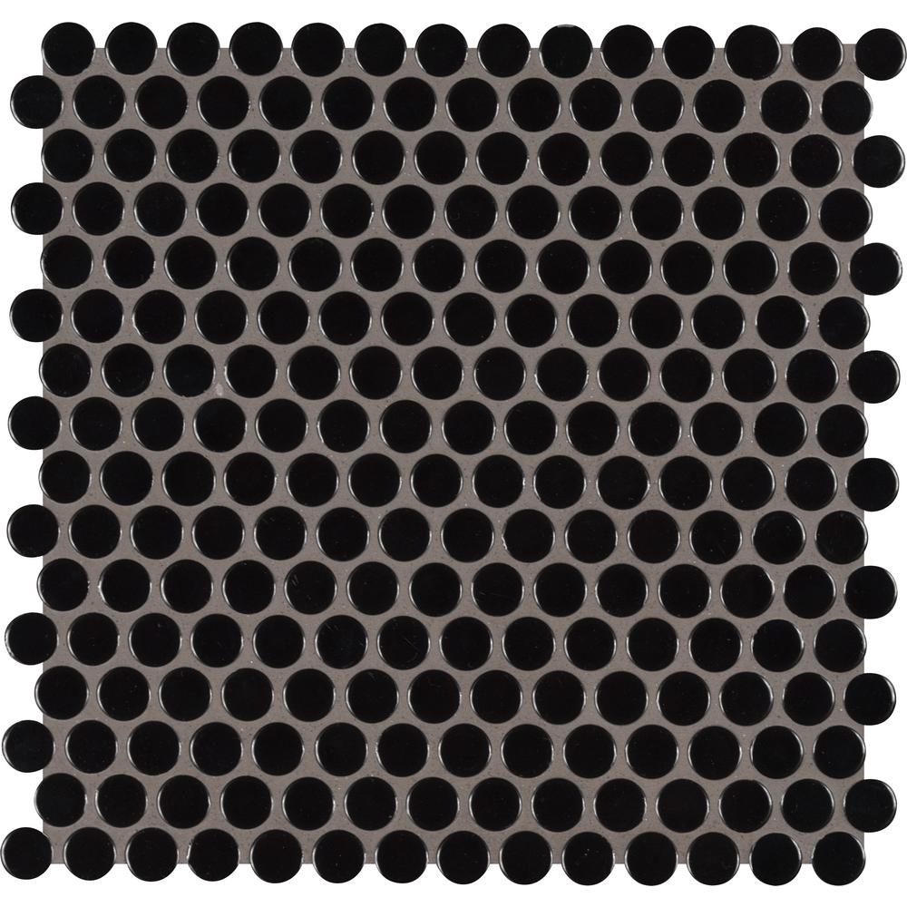 MSI Black Glossy Penny Round 11.57 in. x 12.4 in. x 10mm Porcelain Mesh-Mounted Mosaic Floor Wall  Tile