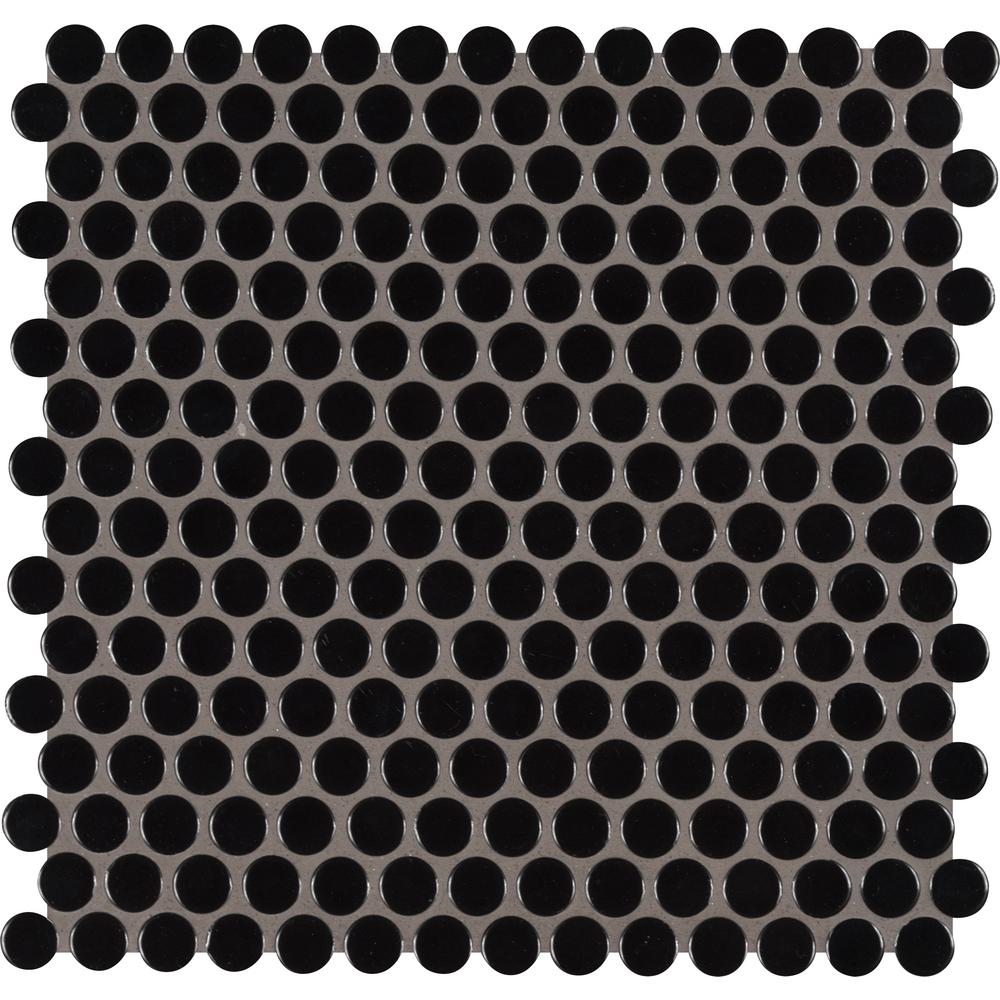 MSI Black Glossy Penny Round 11.57 in. x 12.4 in. x 10mm Porcelain Mesh-Mounted Mosaic Floor Wall  Tile