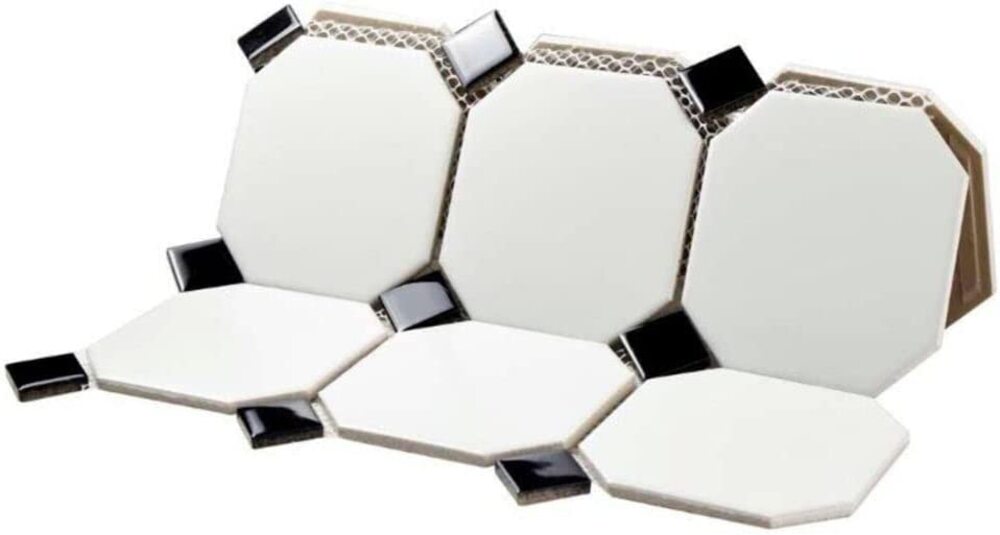 4 in. Octagon Tile Matte White with Glossy Black Dots Porcelain Floor Wall Tile for Bathroom Shower, Kitchen Backsplashes, Pool Tile, Accent Décor