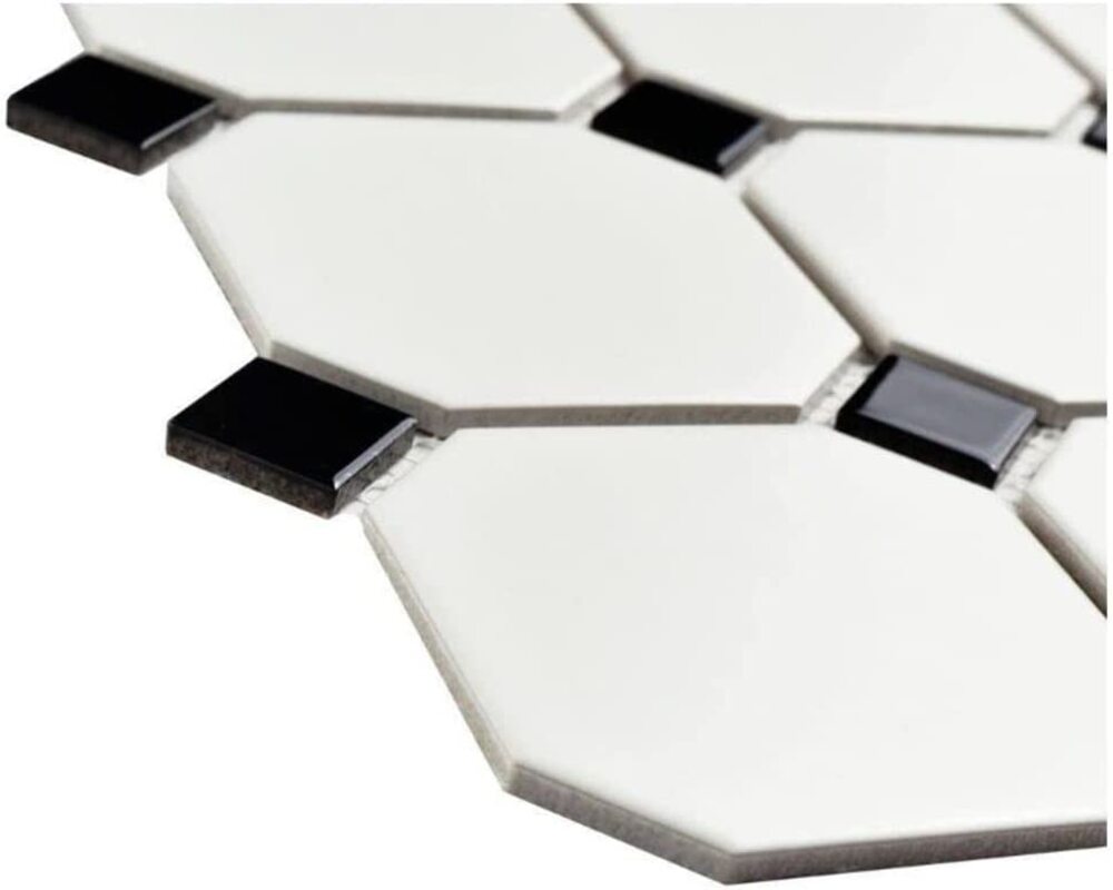 4 in. Octagon Tile Matte White with Glossy Black Dots Porcelain Floor Wall Tile for Bathroom Shower, Kitchen Backsplashes, Pool Tile, Accent Décor
