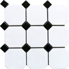 4 in. Octagon Tile Matte White with Glossy Black Dots Porcelain Floor Wall Tile for Bathroom Shower, Kitchen Backsplashes, Pool Tile, Accent Décor
