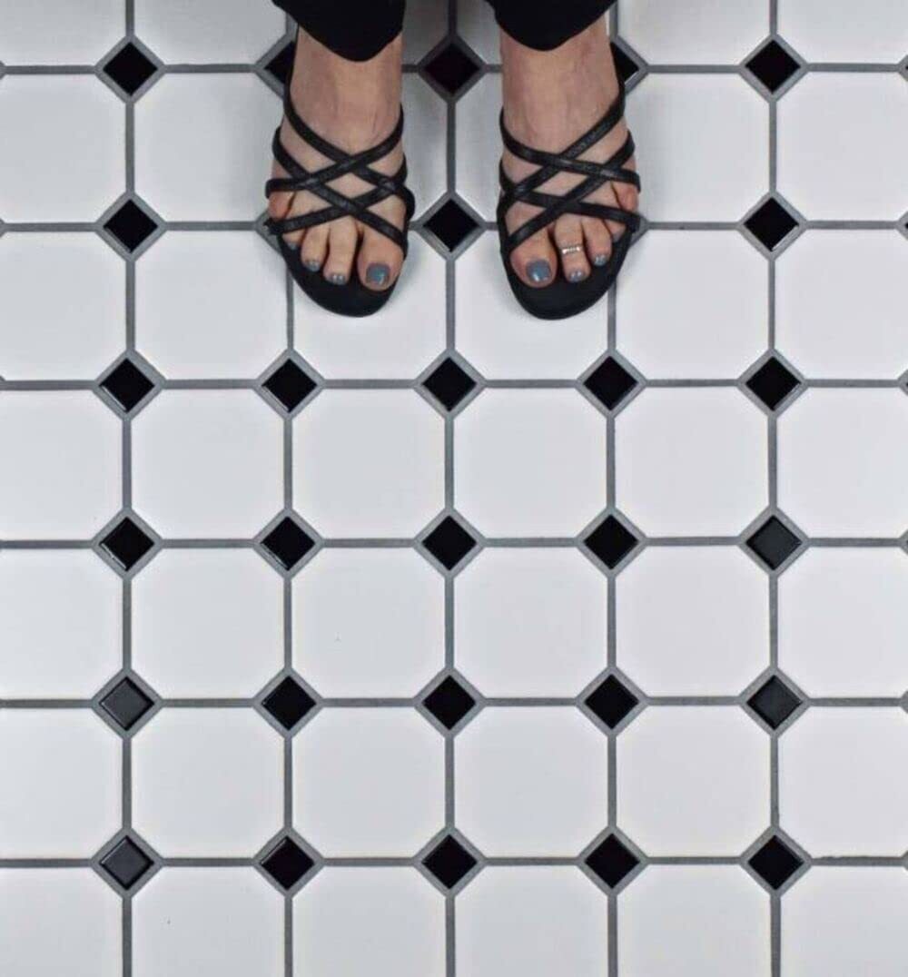 4 in. Octagon Tile Matte White with Glossy Black Dots Porcelain Floor Wall Tile for Bathroom Shower, Kitchen Backsplashes, Pool Tile, Accent Décor