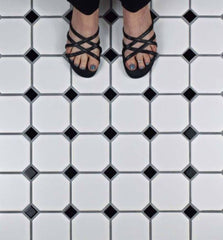 Matte White Octagon Porcelain Accent Panel with Glossy Black Details – Decorative Wall & Floor Piece for Bathroom, Kitchen, Pool, and Interior Design