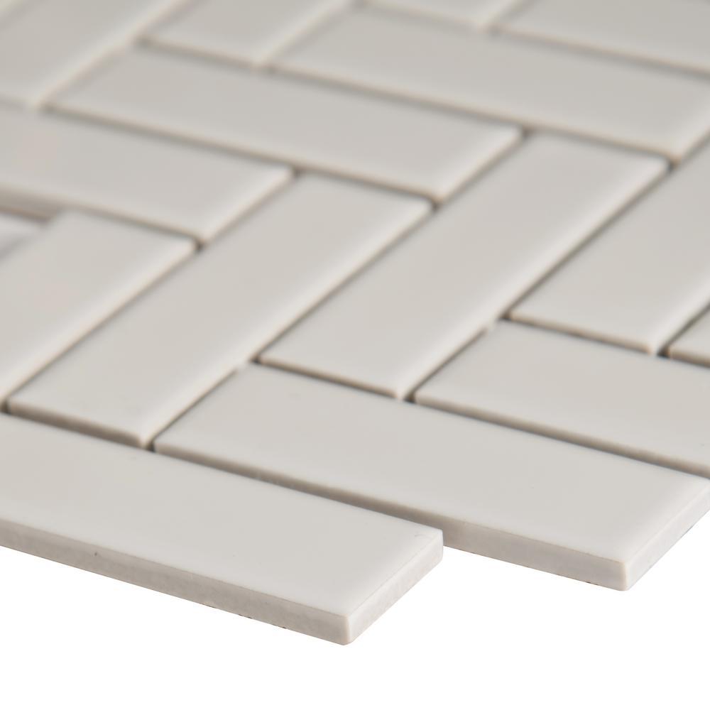 MSI White Glossy Herringbone 9.72 in. x 12.52 in. x 10mm Porcelain Mesh-Mounted Mosaic Tile (16.9 sq. ft. / case)