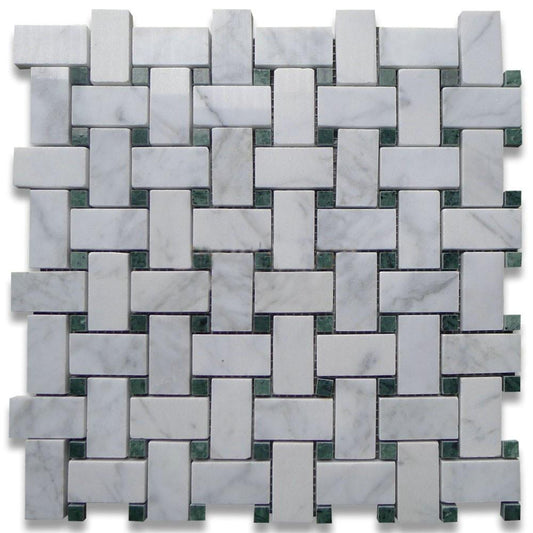 Carrara Marble Italian White Bianco Basketweave Mosaic Tile with Green Dots Polished