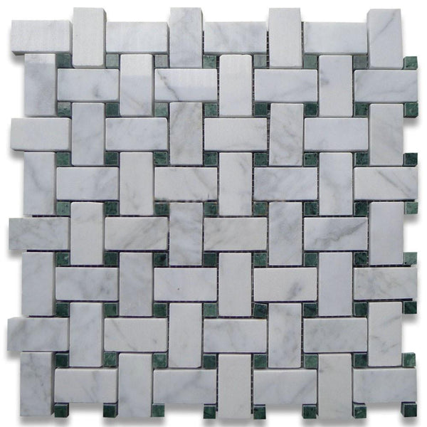 Carrara Marble Italian White Bianco Basketweave Mosaic Tile with Green Dots Polished