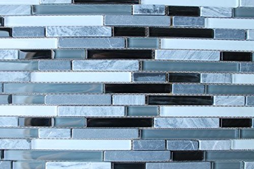 10 Sq Ft - Bliss Midnight Stone and Glass Linear Mosaic Tiles - Kitchen Backsplash/Tub Surround