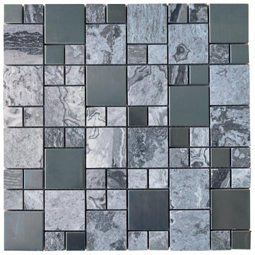 Pebble Stone Marble with Grey Metallic Square Glass Mosaic Wall Tile for Bathroom Shower, Kitchen Backsplash, Fireplace