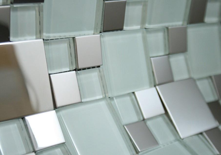 Glossy White and Silver Metallic Square Glass Random Pattern Mosaic Tiles for Bathroom and Kitchen Walls Kitchen Backsplashes - Tenedos