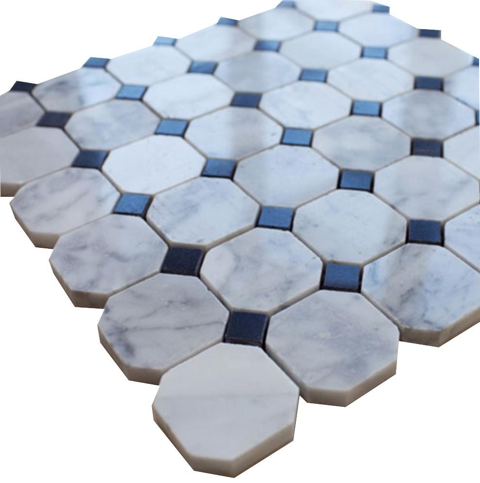 White Carrara Octagon with Black Dots Stone Tile Mosaics