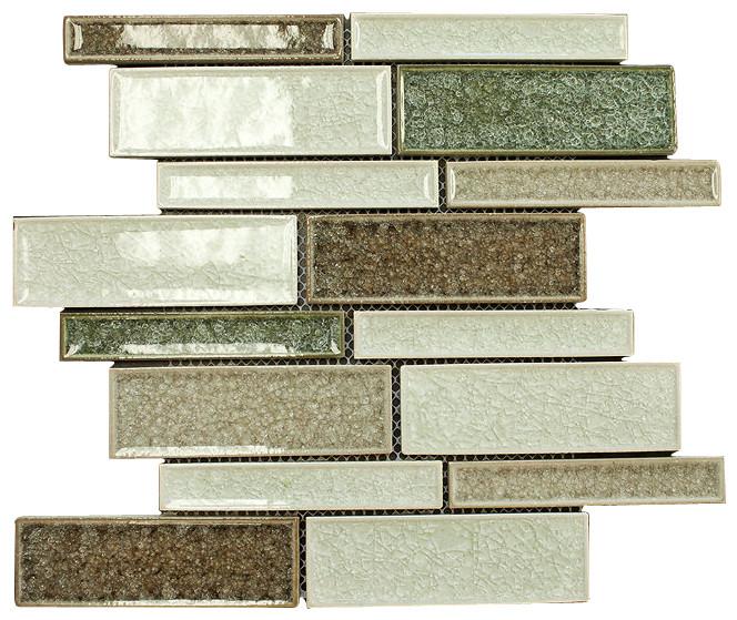 Green, White and Brown Glossy Crackle Crystal Mosaic Tiles Z Pattern - Tenedos