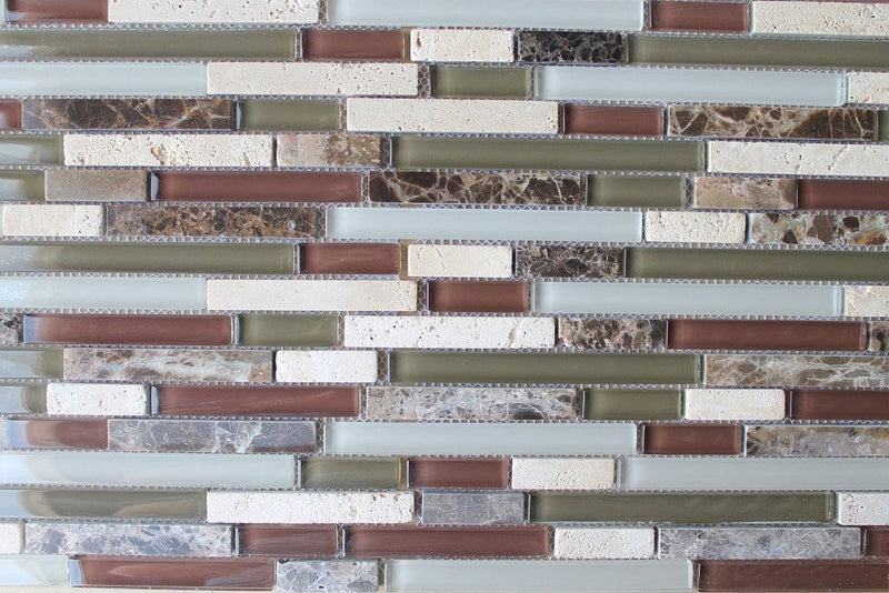 10 sq ft - Bliss Cabernet Stone and Glass Linear Mosaic Wall Tiles - Kitchen Backsplash/Tub Surround