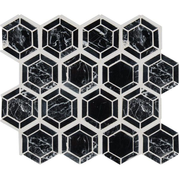 MSI Hexagono Nero 13.25 in. x 11.5 in. x 10 mm Polished Marble Mesh-Mounted Mosaic Tile (10.6 sq. ft. / case)