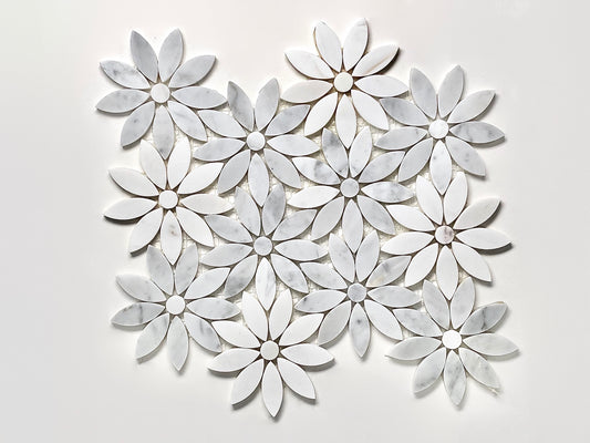 Carrara and Thassos Daisy Flower Marble Mosaic - Polished Stone Accent for Kitchen, Bathroom & Fireplace (1 Sheet)