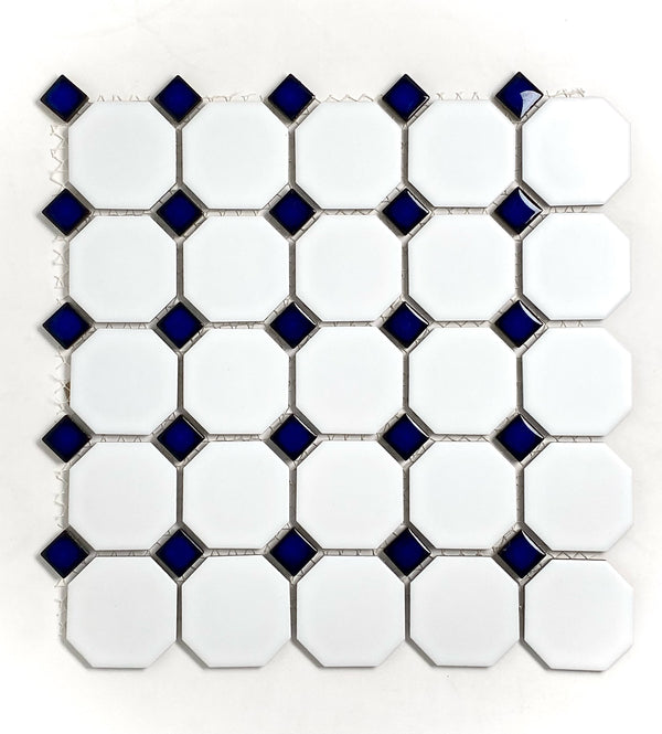 Octagon Porcelain Mosaic Wall Floor Tile Matte White with Glossy Cobalt Blue Dots Designed in Italy (12x12)