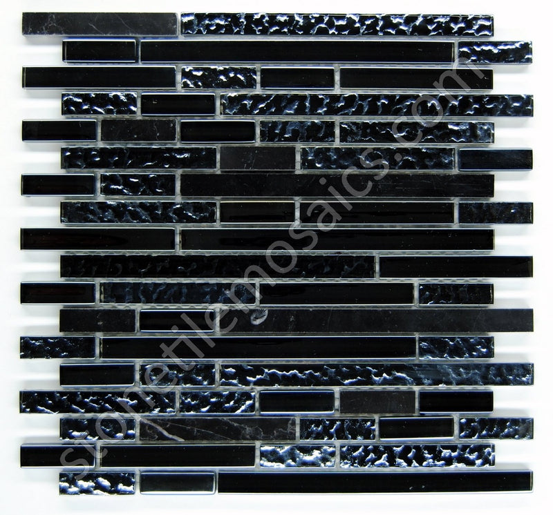 Premium Quality Nero Marquina Polished Black Glass Mixed Mosaic Random Pattern Tile for Backsplash and Bathroom Wall Designed in Italy (12x12) By Vogue tile