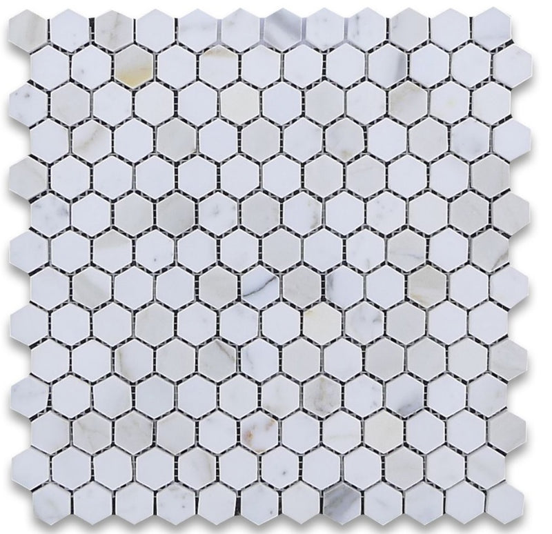 Calacatta Gold Italian Marble 1 in. Hexagon Mosaic Floor Wall Tile for Flooring Bathroom Shower, Kitchen Backsplash, Fireplace